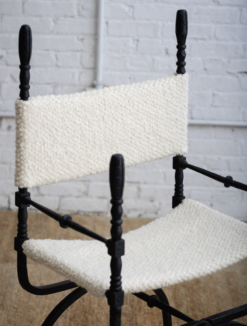 Wrought Iron 'Dagobert' Style Folding Chairs in Bouclé - a Pair