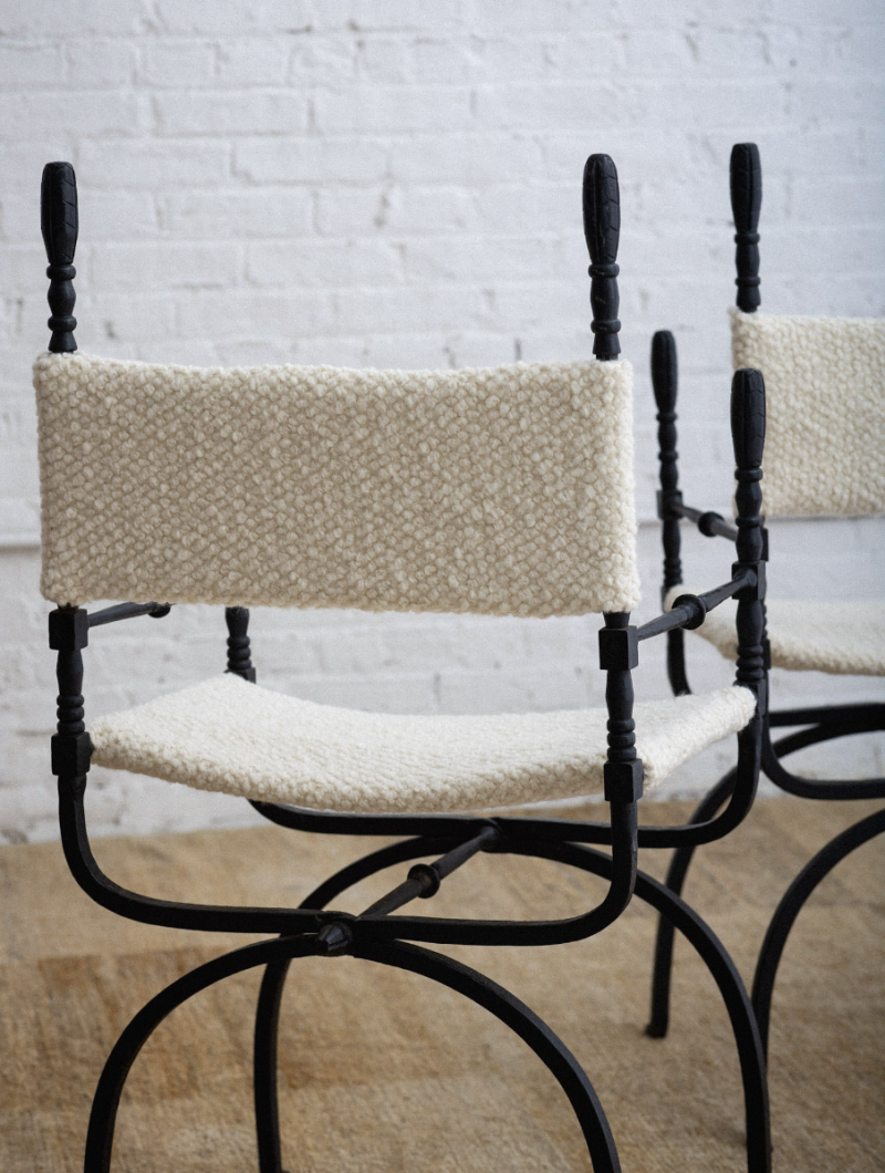 Wrought Iron 'Dagobert' Style Folding Chairs in Bouclé - a Pair