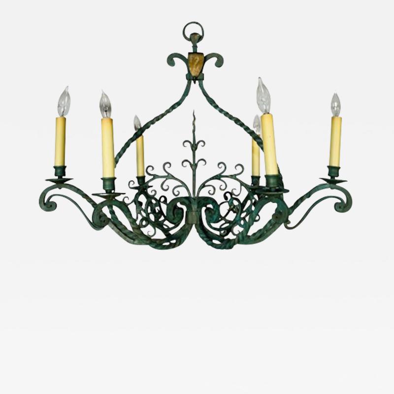 Wrought Iron Industrial Green Painted Chandelier Circa 1930s