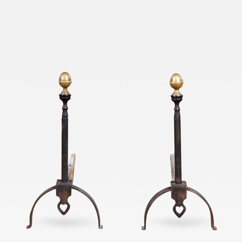 Wrought Iron and Bronze Pierced Heart Andirons