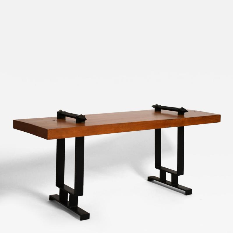 Wrought iron and natural wood coffee table or bench 1950s