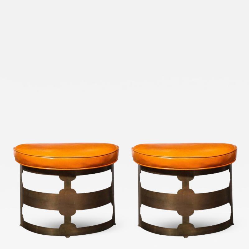 Wyeth Billiard Pair Mid Century Modernist Oil Rubbed Bronze Leather Demilune Stools for Wyeth