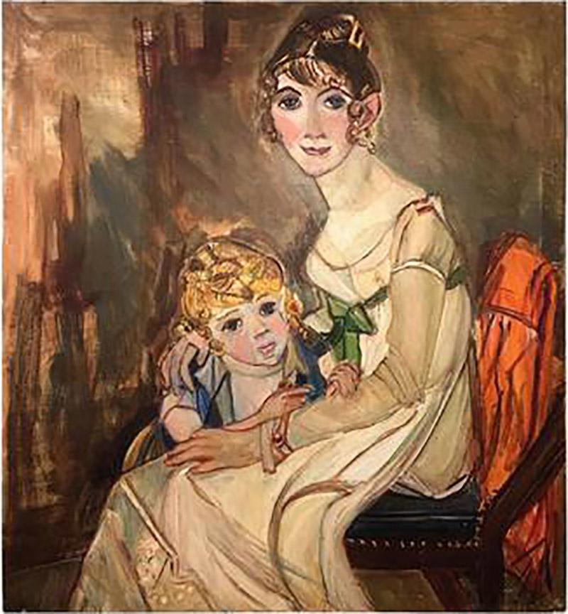 Wyona Diskin Large Signed Modern Painting of Baroque Woman and Child