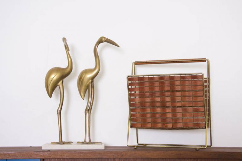 XL Large Pair of Hollywood Regency Brass Cranes on Marble Base