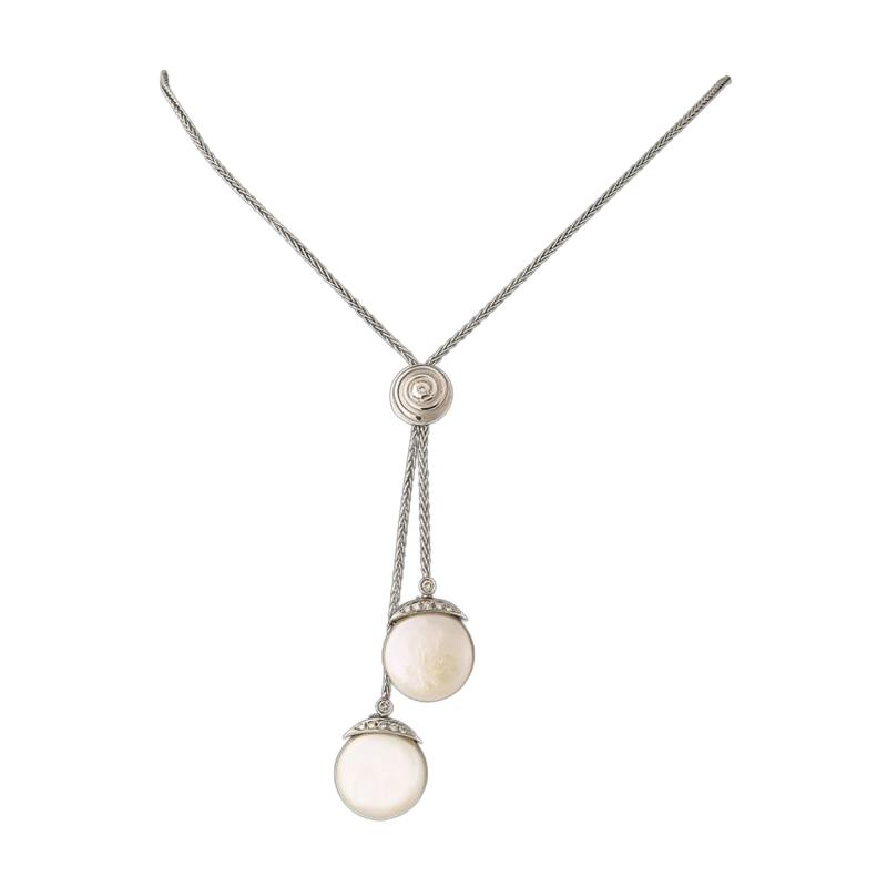 Yvel Biwa Flat Coin Pearl Tie Necklace in 18K White Gold signed Yvel