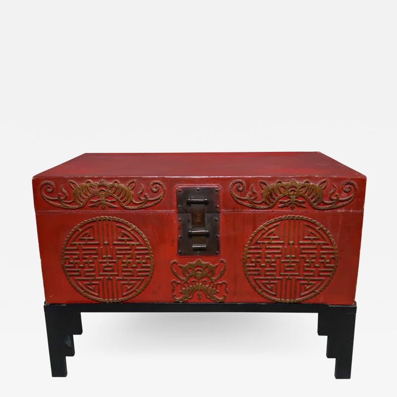 c1880 Chinese Red Painted Leather Trunk w Bronze Applied Decor