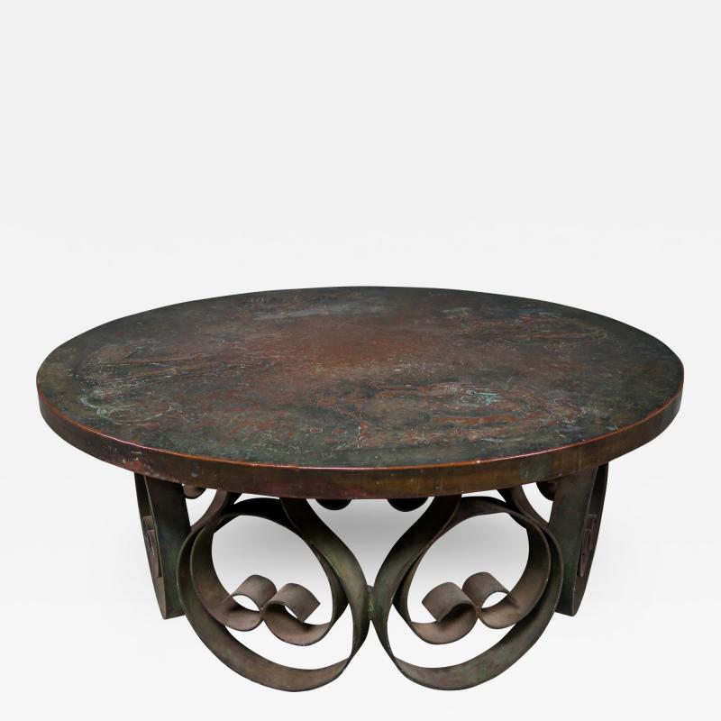 c1940 Circular Scroll Wrought Iron Coffee Table w Embossed Copper Top