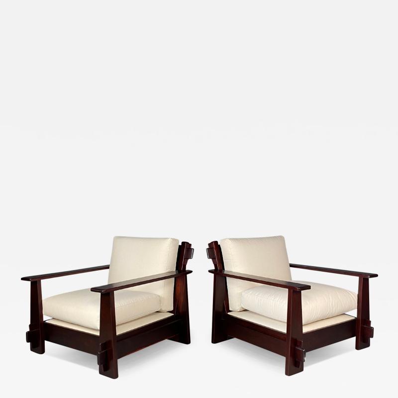 c1970 pair of Brazilian brutalist lounge chairs w tenon joints
