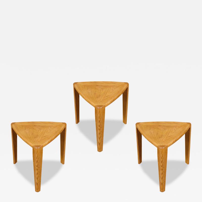 id Century Modern Triangular Oak Tri Leg Side Tables