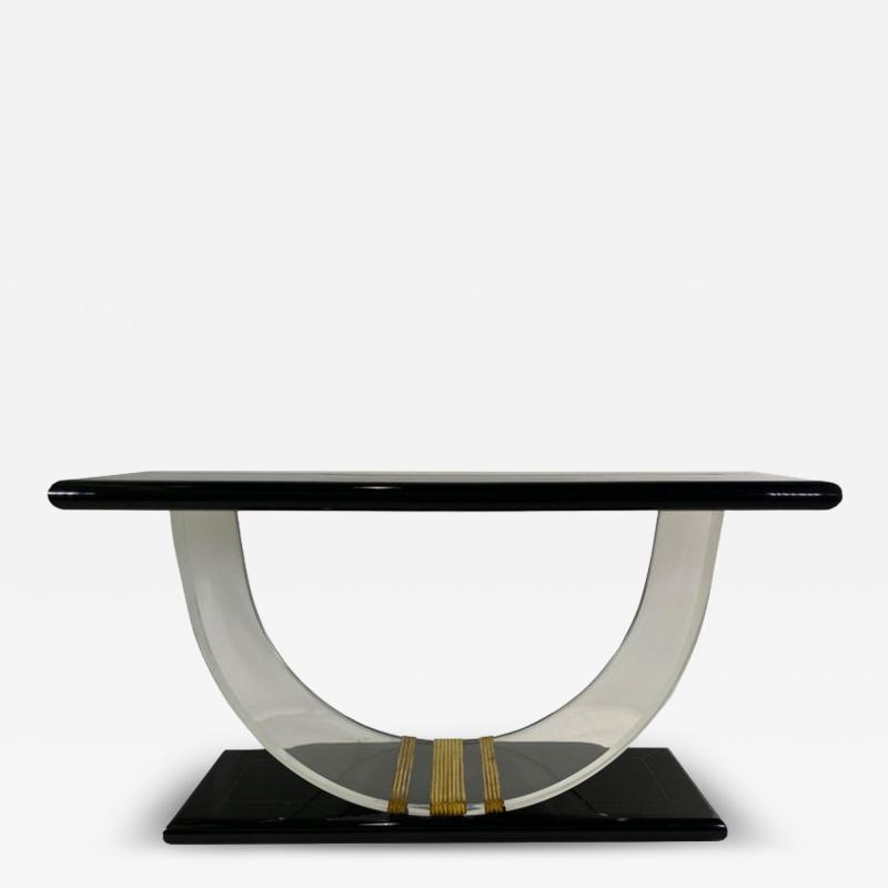 muriel rudolph American Modern Black Lacquer Lucite Brass Banded Console Rudolph Collection