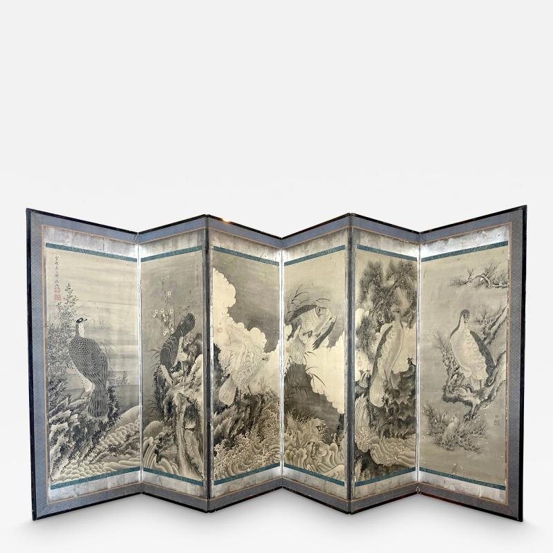 soga Shohaku Rare Japanese Floor Screen of Perched Eagles Soga Shohaku Edo period