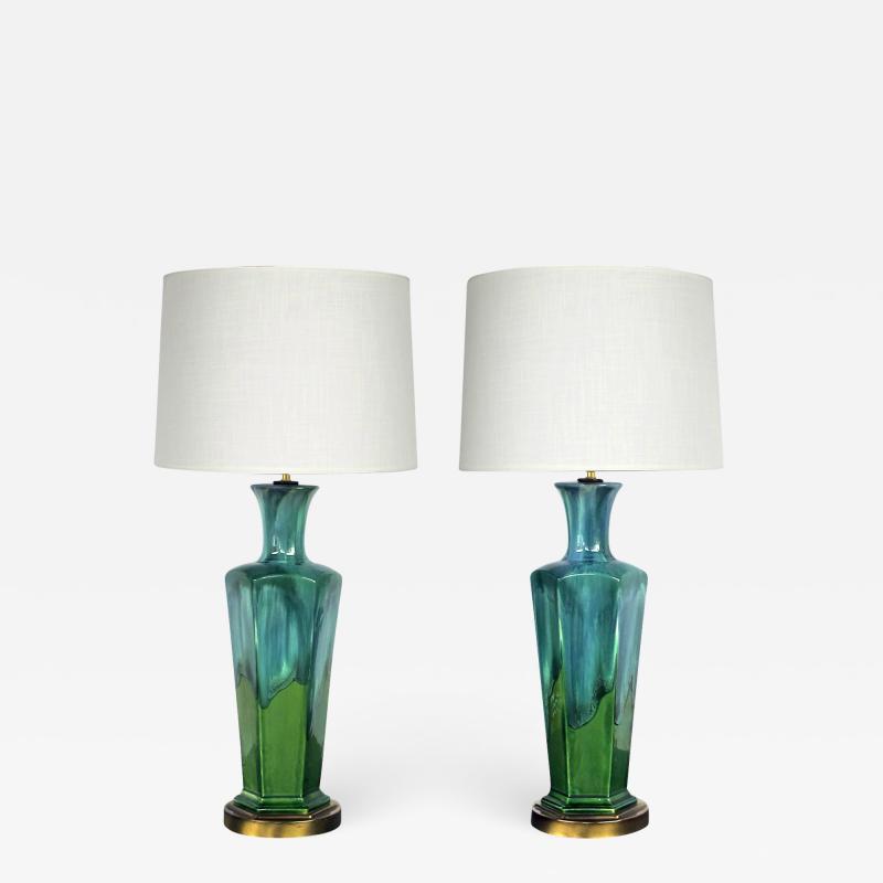 stylish pair of mid century modern blue and green drip glaze hexagonal lamps