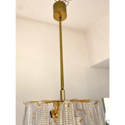  A V Mazzega Contemporary Murano Style Glass Sella Chandelier With Gold 24k Metal Frame
