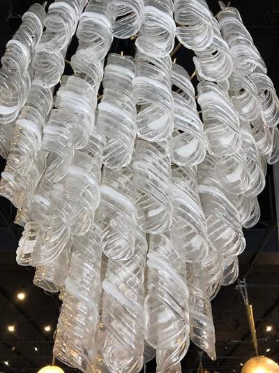  A V Mazzega Italian Modern Hand Blown Glass and Polished Nickel Chandelier Mazzega