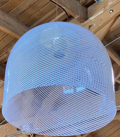  A V Mazzega Italian White Stripe Murano Glass Globe Pendant Chandelier By Mazzega 1970s