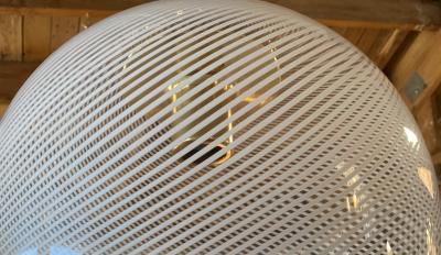  A V Mazzega Italian White Stripe Murano Glass Globe Pendant Chandelier By Mazzega 1970s