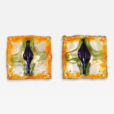  A V Mazzega Mid Century Hand Blown Amber Green Blue Murano Glass Sconces by Mazzega