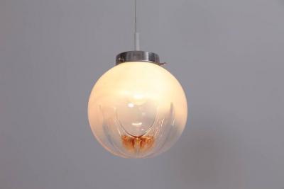  A V Mazzega Pendant with Globes of Frosted to Clear Glass with Orange Inclusions Italy 1970