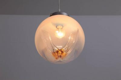  A V Mazzega Pendant with Globes of Frosted to Clear Glass with Orange Inclusions Italy 1970
