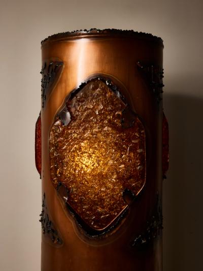  Accolay Pottery Brutalist Table Lamp with Copper Shade and Resin Panels from Accolay