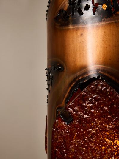  Accolay Pottery Brutalist Table Lamp with Copper Shade and Resin Panels from Accolay