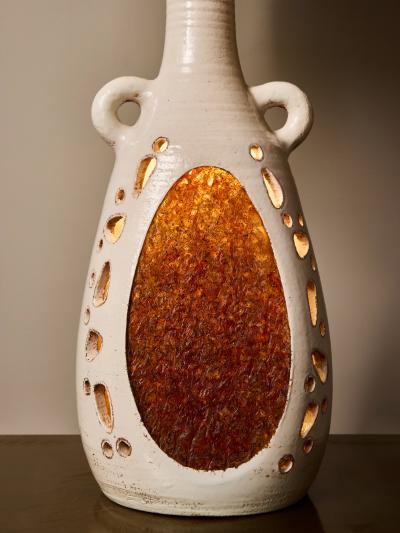  Accolay Pottery French Accolay Ceramic Table Lamp with Resin Inlay and Perforated Body