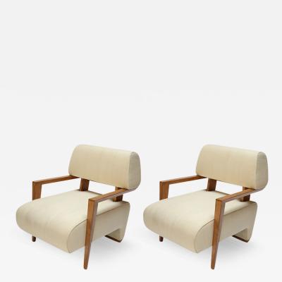  Adesso Studio Pair of Custom Art Deco Ivory Silk Midcentury Style Armchairs