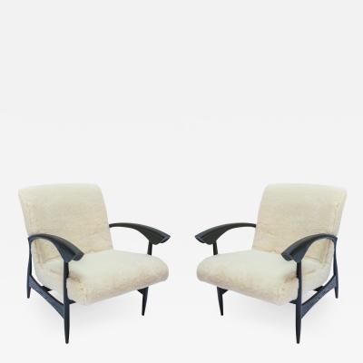  Adesso Studio Pair of Custom Black Matte Oak Armchairs in Ivory Wool