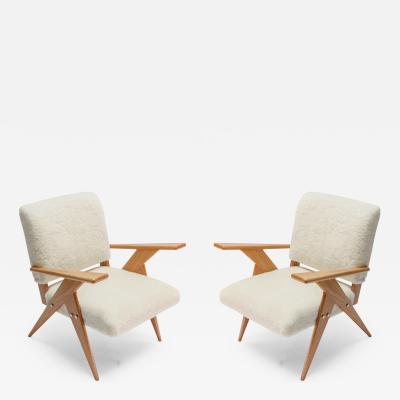  Adesso Studio Pair of Custom Mid Century Style Oak Sheepskin Armchairs