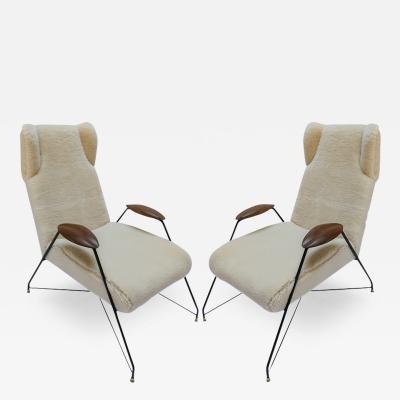  Adesso Studio Pair of Custom Midcentury Style Black Metal Armchairs in Ivory Sheepskin