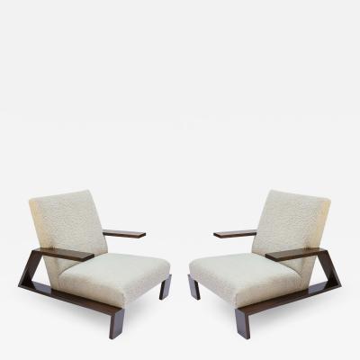  Adesso Studio Pair of Custom Walnut Midcentury Style Armchairs in Beige Boucle