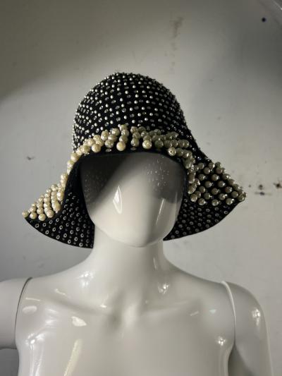  Adolfo MID CENTURY MAGNIFICIENT BLACK FELT RHINESTONE AND PEARL STUDDED HAT BY ADOLFO