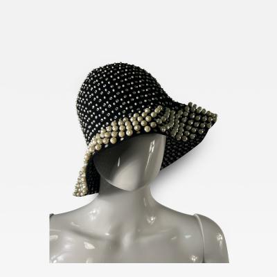  Adolfo MID CENTURY MAGNIFICIENT BLACK FELT RHINESTONE AND PEARL STUDDED HAT BY ADOLFO