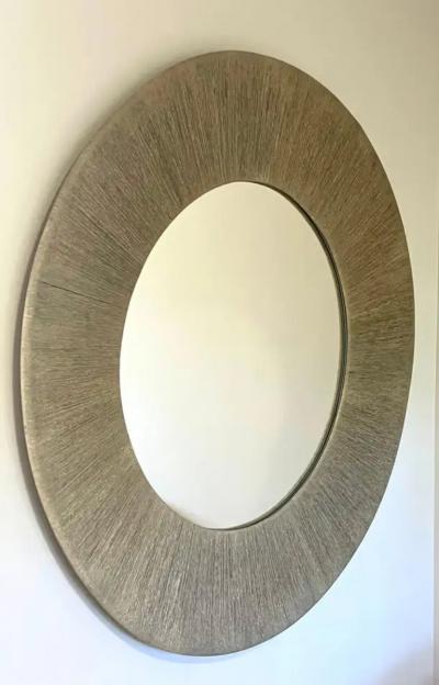  Adrien Audoux Frida Minet Large Round French Modern Craftsman Sunburst Mirror in Cord Rope Audoux Minet