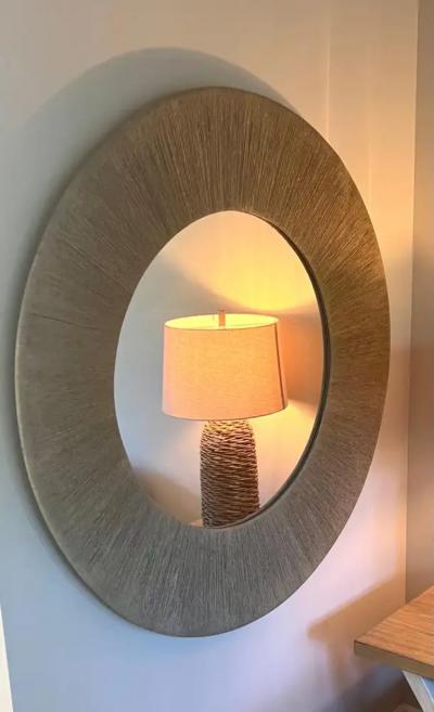  Adrien Audoux Frida Minet Large Round French Modern Craftsman Sunburst Mirror in Cord Rope Audoux Minet