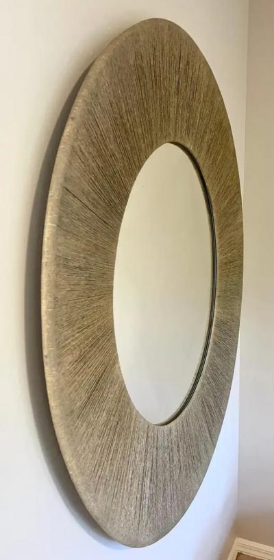  Adrien Audoux Frida Minet Large Round French Modern Craftsman Sunburst Mirror in Cord Rope Audoux Minet