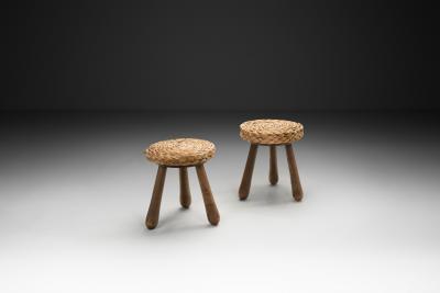  Adrien Audoux Frida Minet Pair of Wood and Wicker Stools in the manner of Audoux Minet Europe Mid 20th C