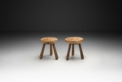  Adrien Audoux Frida Minet Pair of Wood and Wicker Stools in the manner of Audoux Minet Europe Mid 20th C