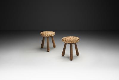  Adrien Audoux Frida Minet Pair of Wood and Wicker Stools in the manner of Audoux Minet Europe Mid 20th C