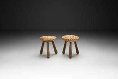  Adrien Audoux Frida Minet Pair of Wood and Wicker Stools in the manner of Audoux Minet Europe Mid 20th C