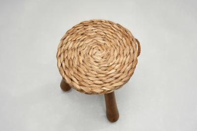  Adrien Audoux Frida Minet Pair of Wood and Wicker Stools in the manner of Audoux Minet Europe Mid 20th C