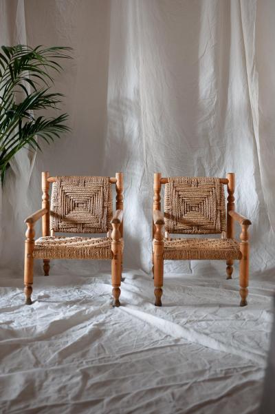  Adrien Audoux Frida Minet Pair of Wooden and Rope Armchairs Designed by Adrien Audoux Frida Minet