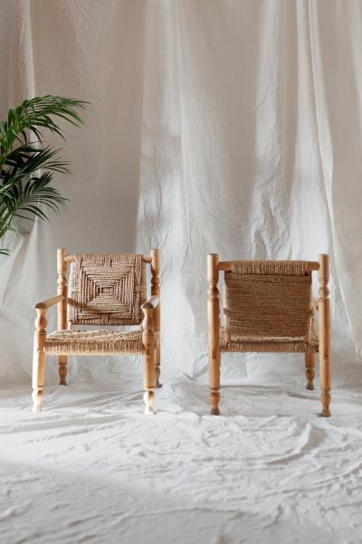  Adrien Audoux Frida Minet Pair of Wooden and Rope Armchairs Designed by Adrien Audoux Frida Minet