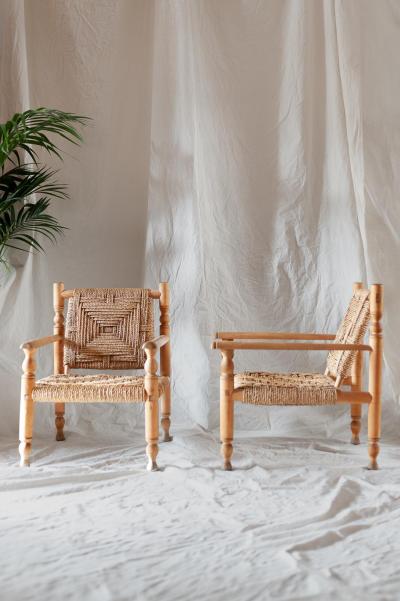  Adrien Audoux Frida Minet Pair of Wooden and Rope Armchairs Designed by Adrien Audoux Frida Minet