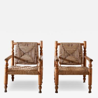  Adrien Audoux Frida Minet Pair of Wooden and Rope Armchairs Designed by Adrien Audoux Frida Minet