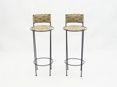  Adrien Audoux Frida Minet Pair of french bar stools rope and metal by Audoux Minet 1950s