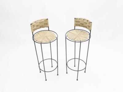  Adrien Audoux Frida Minet Pair of french bar stools rope and metal by Audoux Minet 1950s