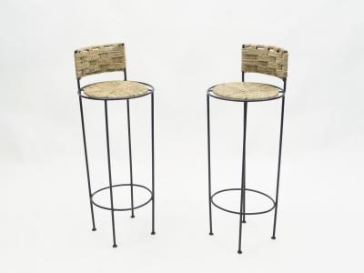  Adrien Audoux Frida Minet Pair of french bar stools rope and metal by Audoux Minet 1950s