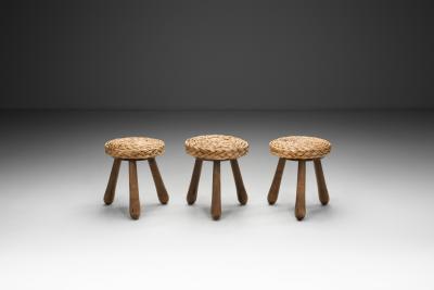  Adrien Audoux Frida Minet Set of Three Stools with Plaited Wicker Seats Europe Mid 20th Century