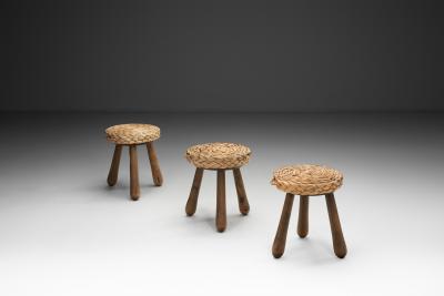  Adrien Audoux Frida Minet Set of Three Stools with Plaited Wicker Seats Europe Mid 20th Century